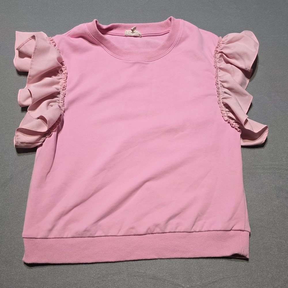 OTT Women's Pink Ruffle Sleeve Top Size Large EUC PTP 20